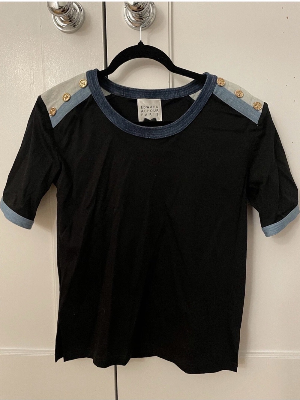 Edward Achour Paris Black Short Sleeve Tee with Light Blue Trim
